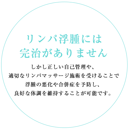 リンパ浮腫には完治がありませんしかし、正しい自己管理指導・リンパ浮腫の改善を促すリンパマッサージ施術・圧迫を受けることで合併症や浮腫の悪化を予防、良い状態に改善し維持することができます。